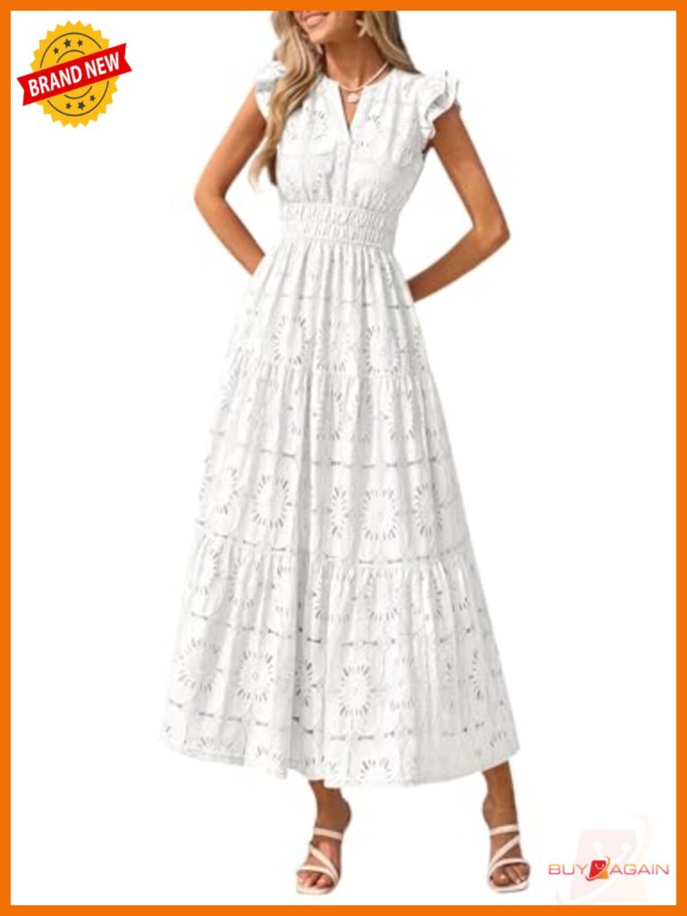 PRETTYGARDEN Women's Eyelet Boho Maxi Dress Flutter Sleeve V-Neck